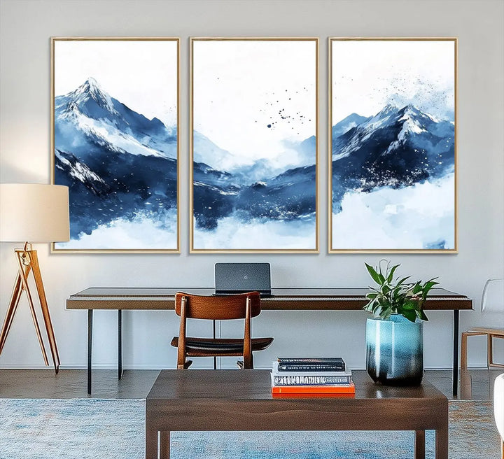 An Abstract Deep Blue Mountain Canvas Wall Art Print in blue and white.