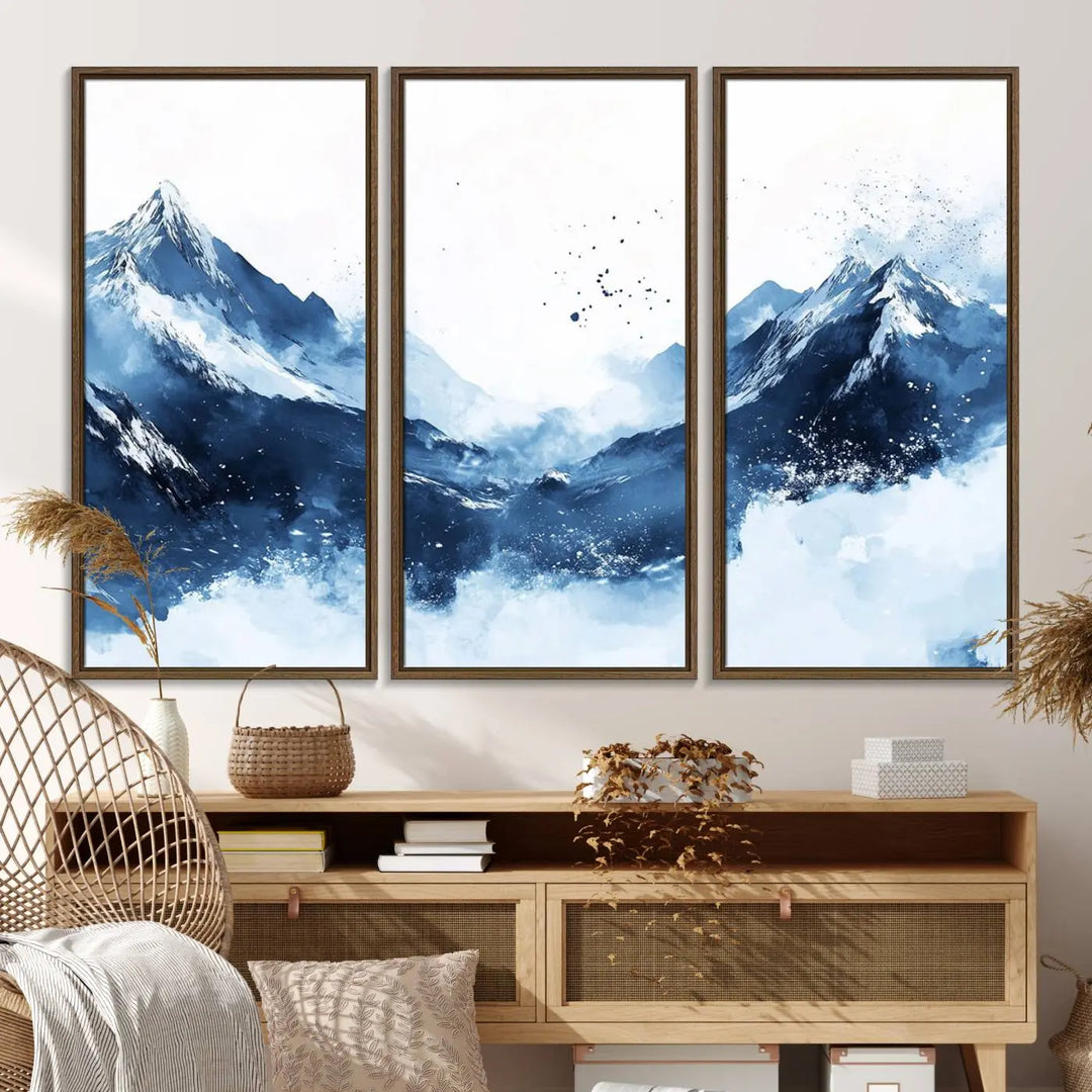 An Abstract Deep Blue Mountain Canvas Wall Art Print in blue and white.