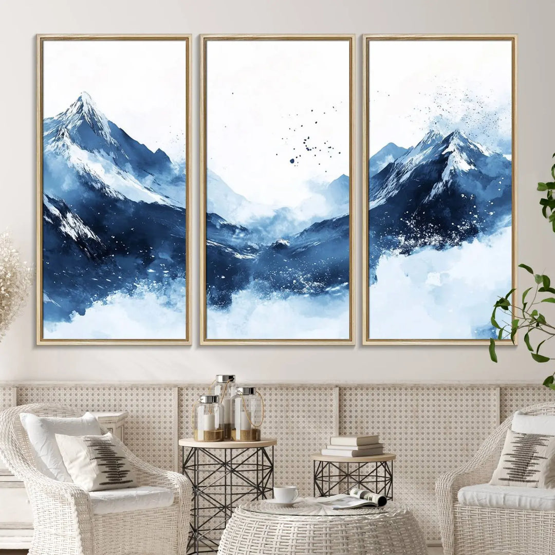 An Abstract Deep Blue Mountain Canvas Wall Art Print in blue and white.