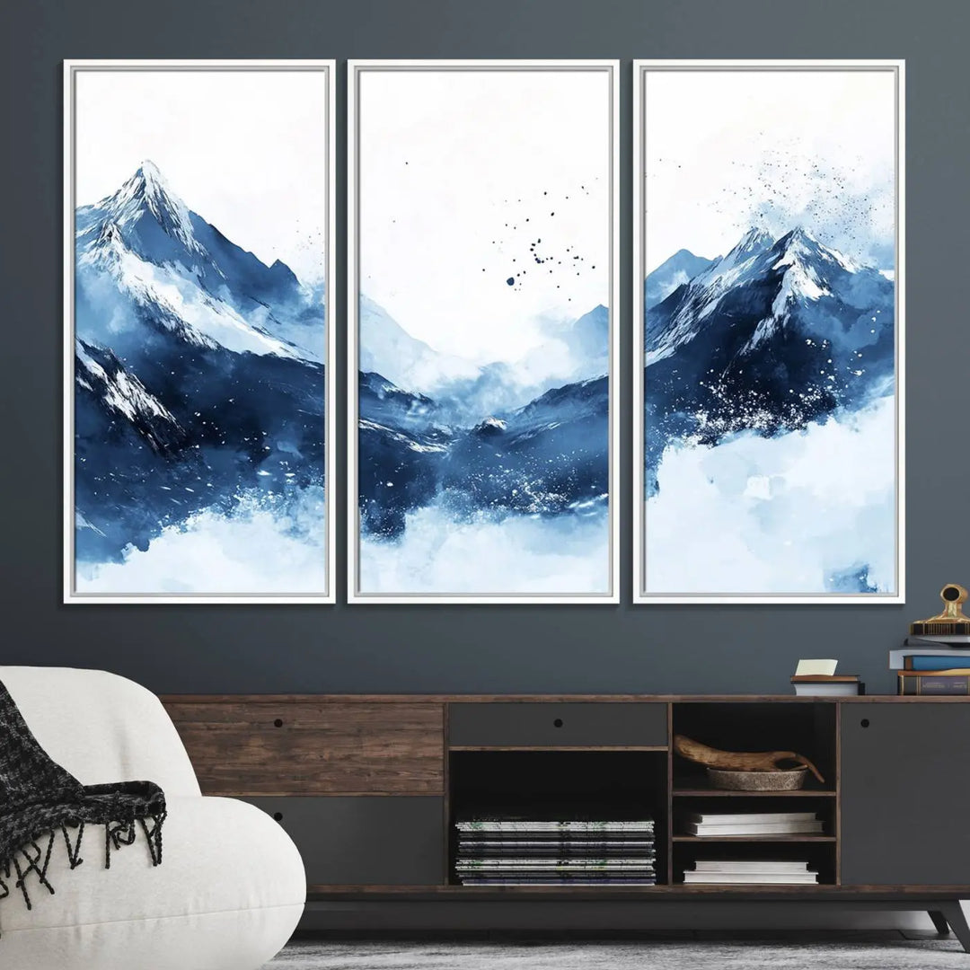 An Abstract Deep Blue Mountain Canvas Wall Art Print in blue and white.