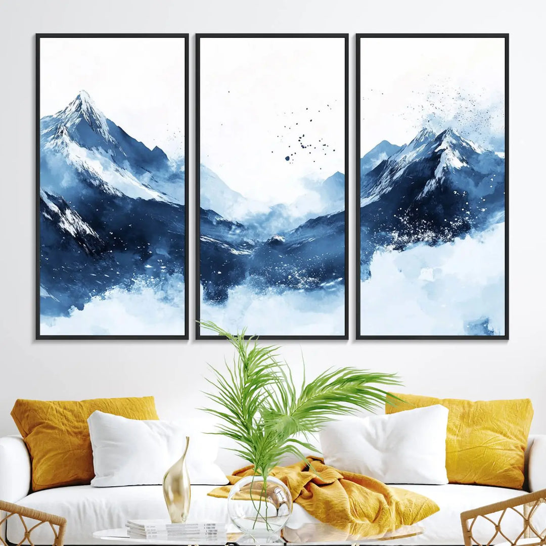 An Abstract Deep Blue Mountain Canvas Wall Art Print in blue and white.