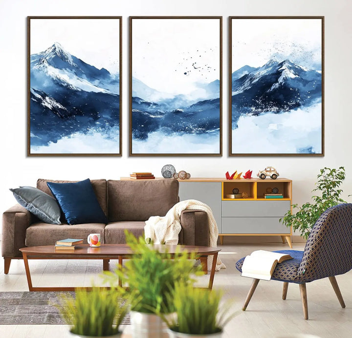 An Abstract Deep Blue Mountain Canvas Wall Art Print in blue and white.