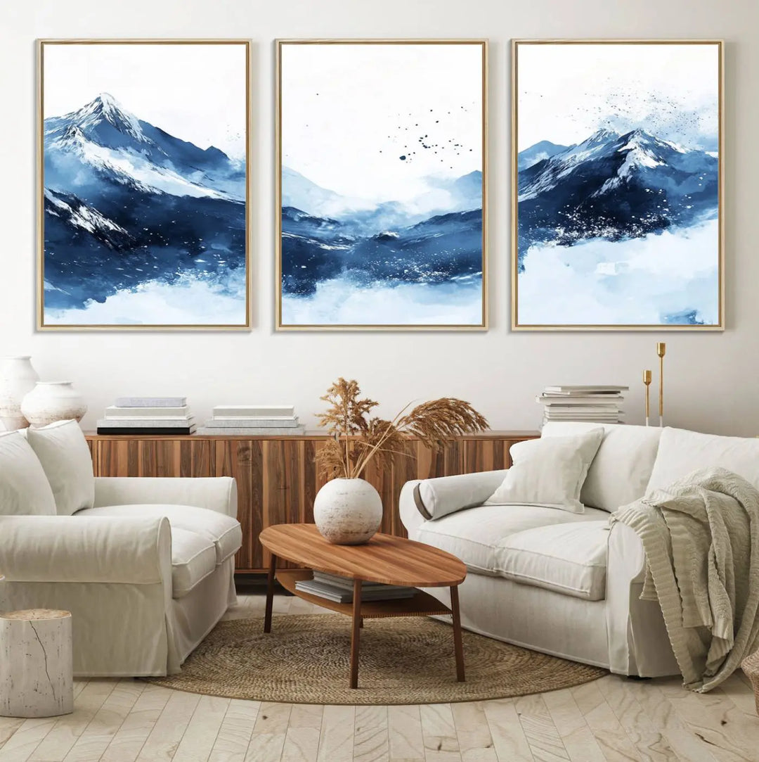 An Abstract Deep Blue Mountain Canvas Wall Art Print in blue and white.