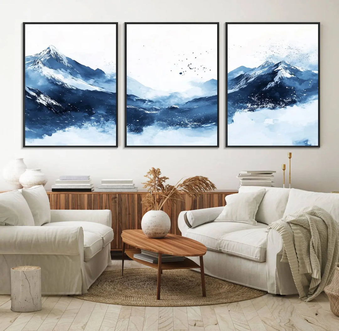 An Abstract Deep Blue Mountain Canvas Wall Art Print in blue and white.