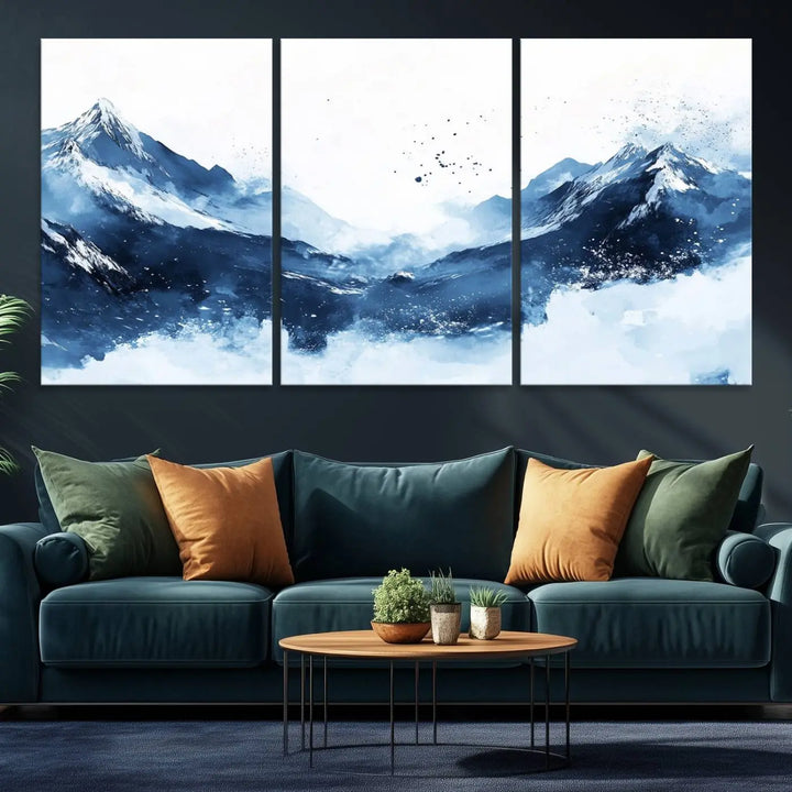 Abstract Deep Blue Mountain Canvas Wall Art Print - Blue and White Snowy Landscape Painting - Modern Nature-Inspired Artwork for Home Decor
