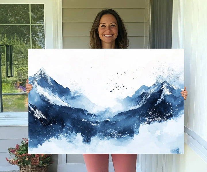Abstract Deep Blue Mountain Canvas Wall Art Print - Blue and White Snowy Landscape Painting - Modern Nature-Inspired Artwork for Home Decor