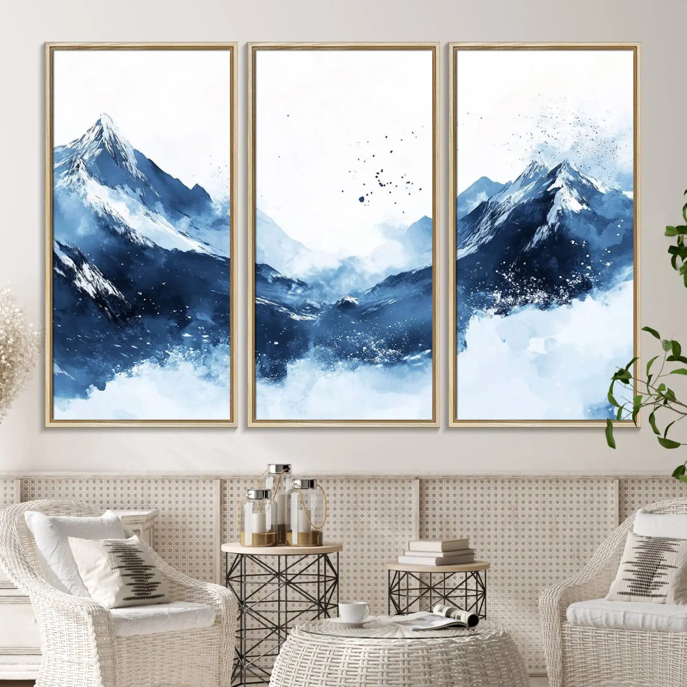 Abstract Deep Blue Mountain Wall Art Canvas Print – Snowy White