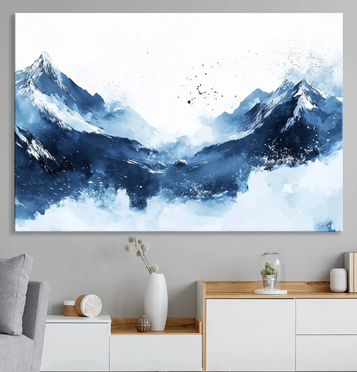 Abstract Deep Blue Mountain Canvas Wall Art Print - Blue and White Snowy Landscape Painting - Modern Nature-Inspired Artwork for Home Decor