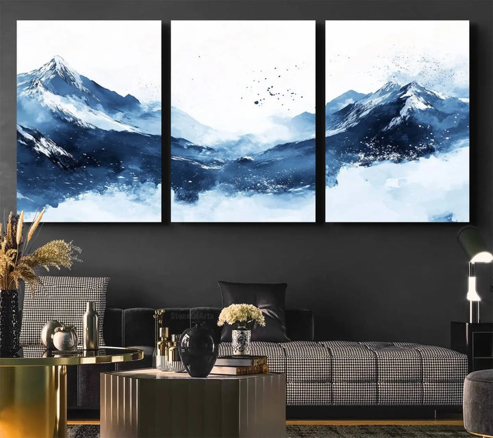 Abstract Deep Blue Mountain Canvas Wall Art Print - Blue and White Snowy Landscape Painting - Modern Nature-Inspired Artwork for Home Decor