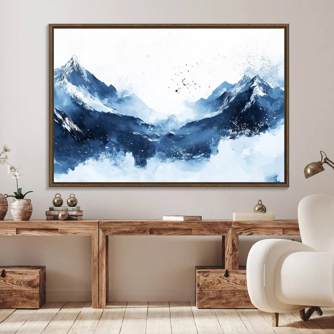 Abstract Deep Blue Mountain Canvas Wall Art Print - Blue and White Snowy Landscape Painting - Modern Nature-Inspired Artwork for Home Decor