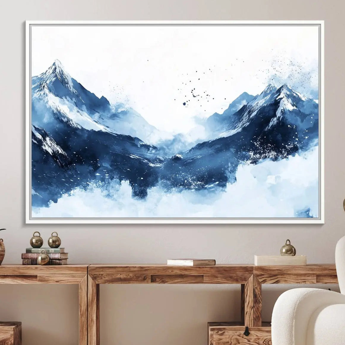 93536-MGV-FC-36X24_White-Abstract Deep Blue Mountain Canvas Wall Art Print - Blue and White Snowy Landscape Painting - Modern