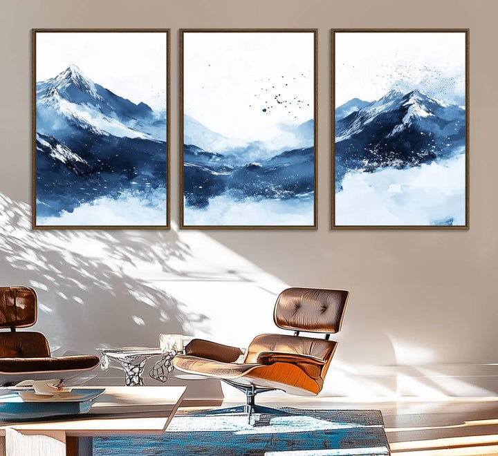 93536-MGV-FC-60X30-3P_Walnut-Abstract Deep Blue Mountain Canvas Wall Art Print - Blue and White Snowy Landscape Painting - Modern Nature-Inspired Artwork for Home Decor