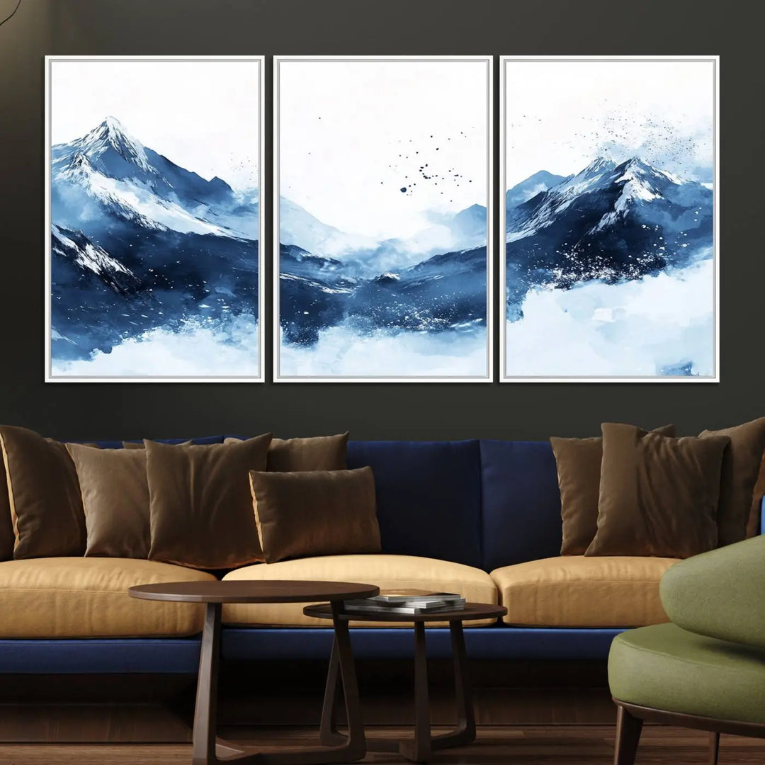 93536-MGV-FC-60X30-3P_White-Abstract Deep Blue Mountain Canvas Wall Art Print - Blue and White Snowy Landscape Painting - Modern Nature-Inspired Artwork for Home Decor