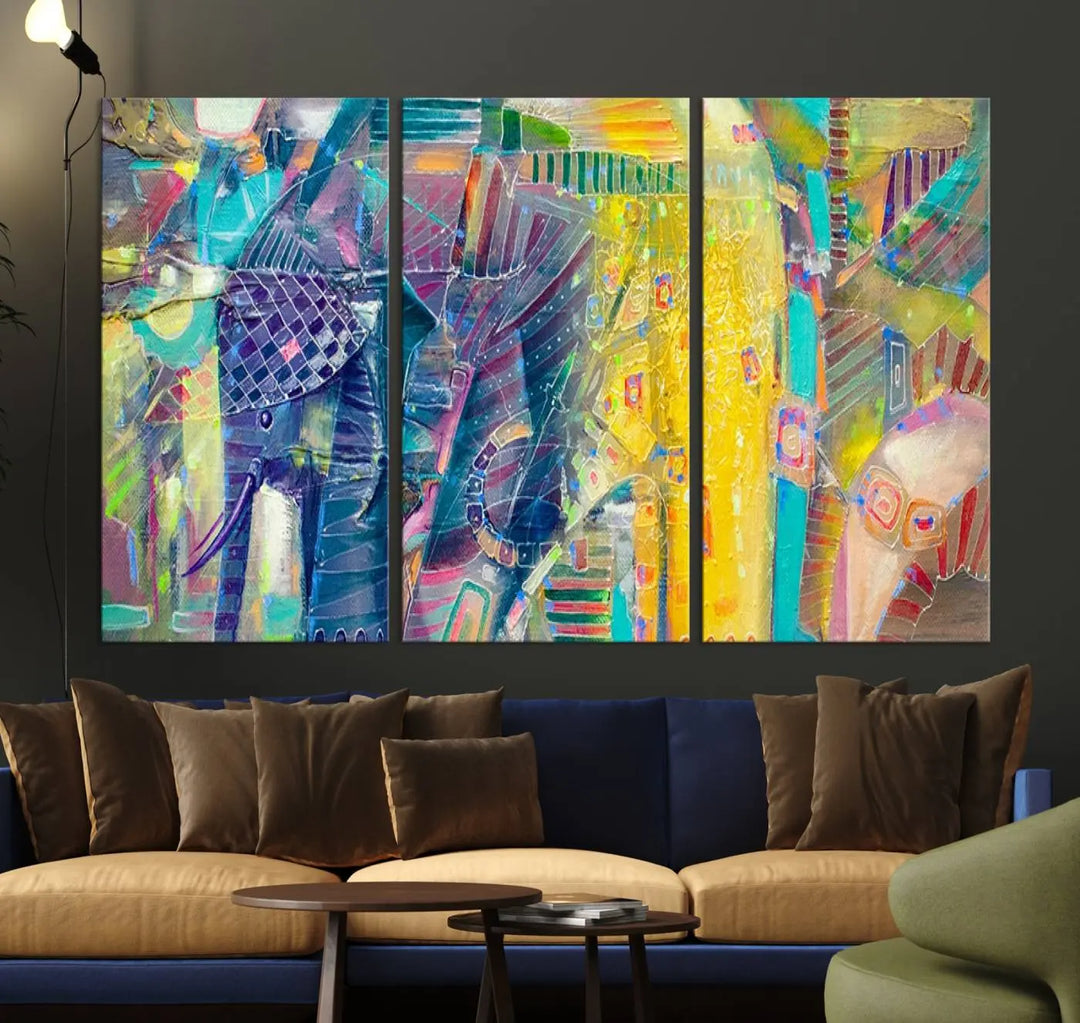 The vibrant Abstract Elephant Wall Art canvas print, featuring a gallery-wrapped finish, is crafted on museum-quality canvas with a UV-protective coating to ensure lasting vibrancy.