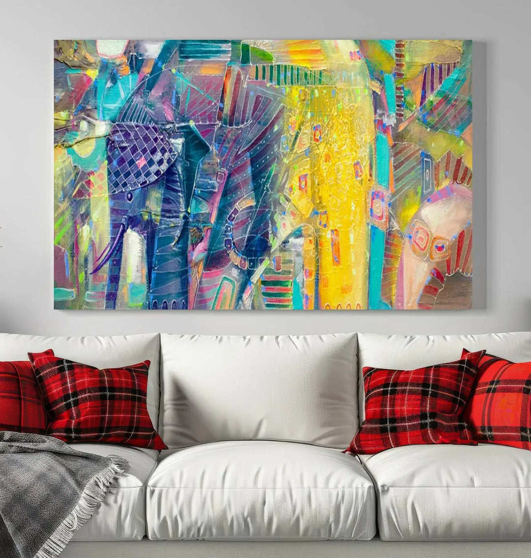 The vibrant Abstract Elephant Wall Art canvas print, featuring a gallery-wrapped finish, is crafted on museum-quality canvas with a UV-protective coating to ensure lasting vibrancy.