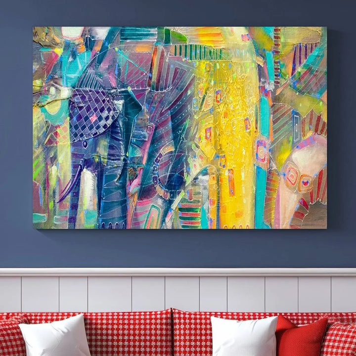 The vibrant Abstract Elephant Wall Art canvas print, featuring a gallery-wrapped finish, is crafted on museum-quality canvas with a UV-protective coating to ensure lasting vibrancy.