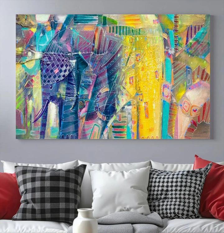 The vibrant Abstract Elephant Wall Art canvas print, featuring a gallery-wrapped finish, is crafted on museum-quality canvas with a UV-protective coating to ensure lasting vibrancy.