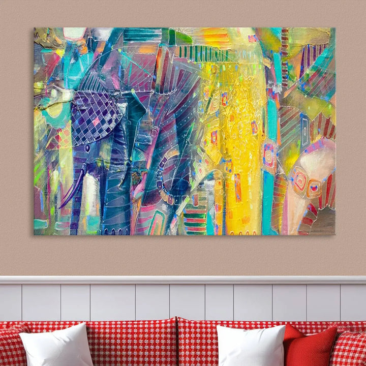 The vibrant Abstract Elephant Wall Art canvas print, featuring a gallery-wrapped finish, is crafted on museum-quality canvas with a UV-protective coating to ensure lasting vibrancy.