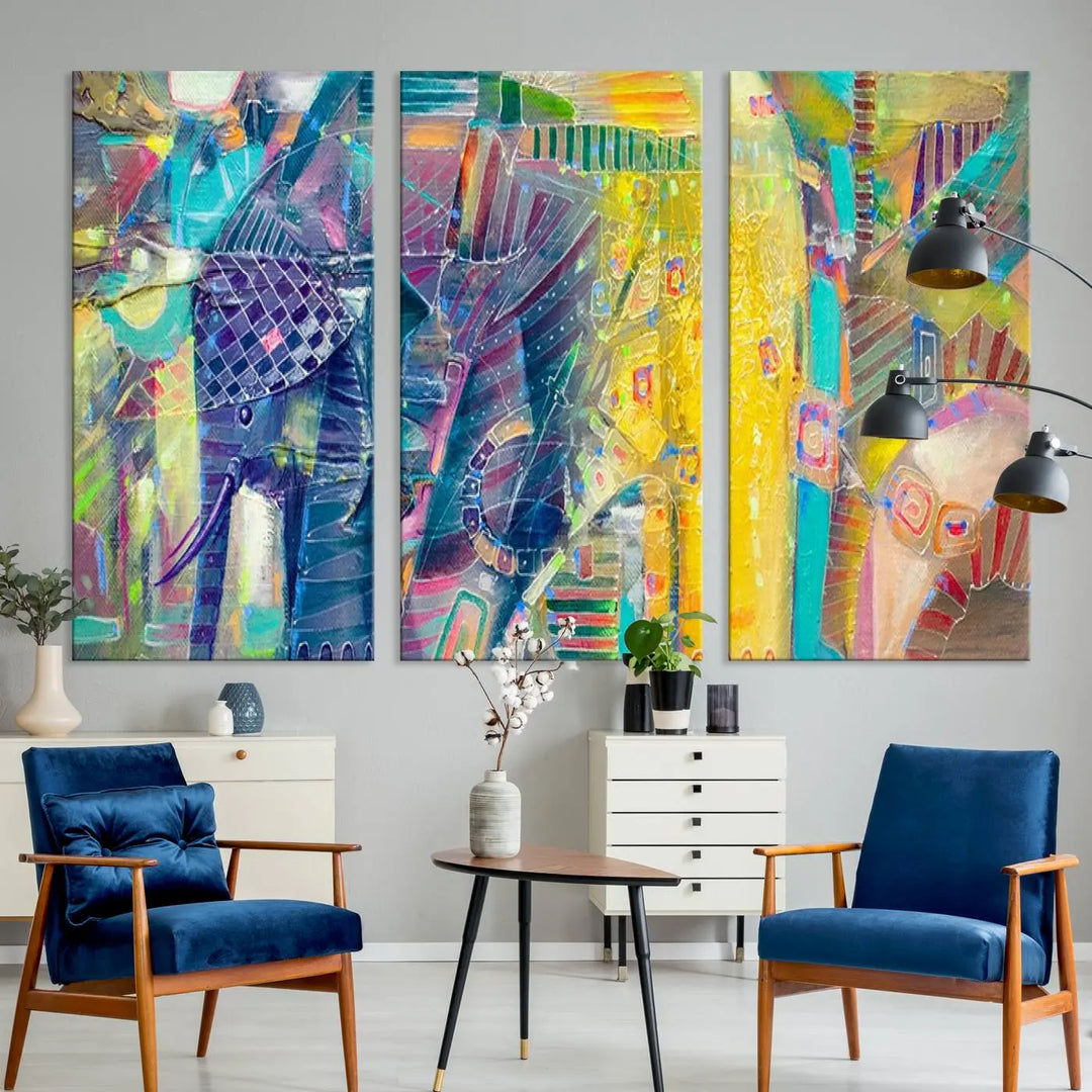 The vibrant Abstract Elephant Wall Art canvas print, featuring a gallery-wrapped finish, is crafted on museum-quality canvas with a UV-protective coating to ensure lasting vibrancy.