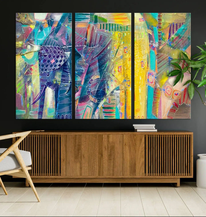 The vibrant Abstract Elephant Wall Art canvas print, featuring a gallery-wrapped finish, is crafted on museum-quality canvas with a UV-protective coating to ensure lasting vibrancy.