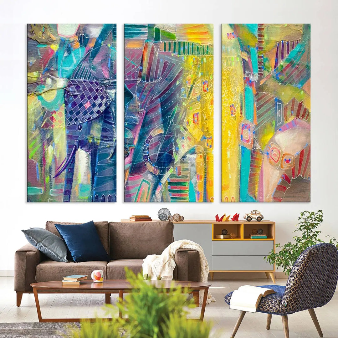 The vibrant Abstract Elephant Wall Art canvas print, featuring a gallery-wrapped finish, is crafted on museum-quality canvas with a UV-protective coating to ensure lasting vibrancy.