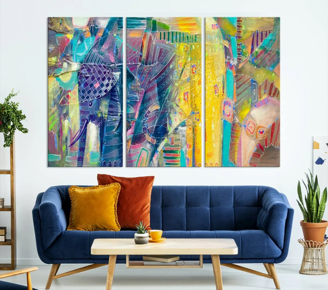 The vibrant Abstract Elephant Wall Art canvas print, featuring a gallery-wrapped finish, is crafted on museum-quality canvas with a UV-protective coating to ensure lasting vibrancy.