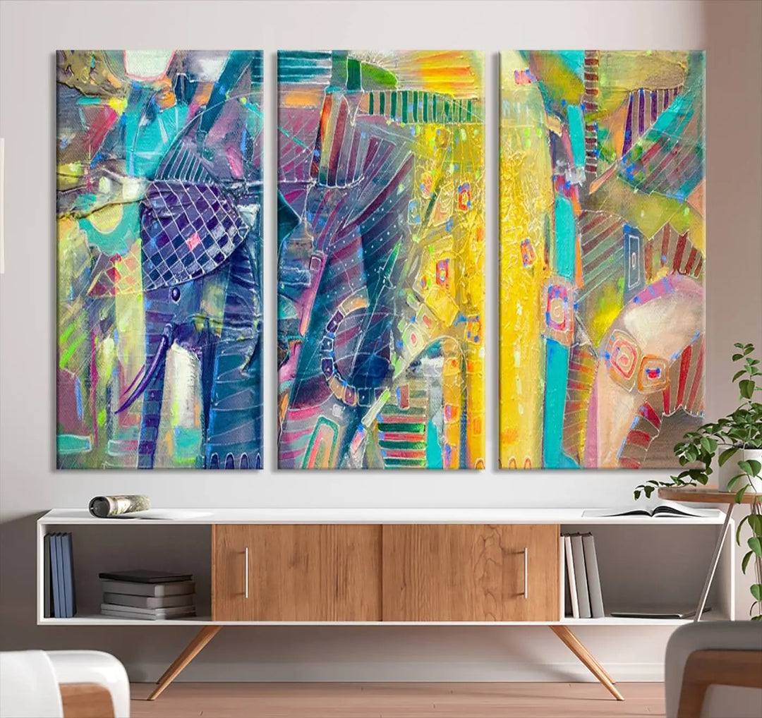 The vibrant Abstract Elephant Wall Art canvas print, featuring a gallery-wrapped finish, is crafted on museum-quality canvas with a UV-protective coating to ensure lasting vibrancy.