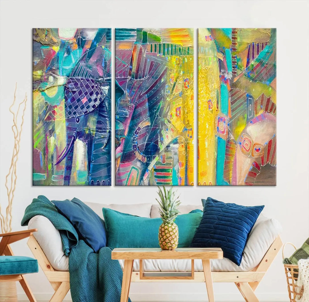 The vibrant Abstract Elephant Wall Art canvas print, featuring a gallery-wrapped finish, is crafted on museum-quality canvas with a UV-protective coating to ensure lasting vibrancy.