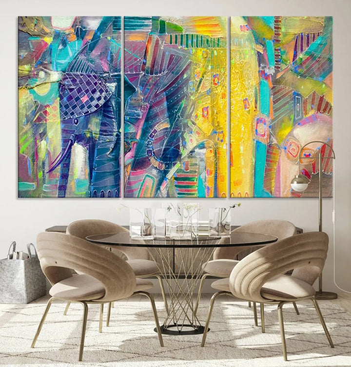 The vibrant Abstract Elephant Wall Art canvas print, featuring a gallery-wrapped finish, is crafted on museum-quality canvas with a UV-protective coating to ensure lasting vibrancy.