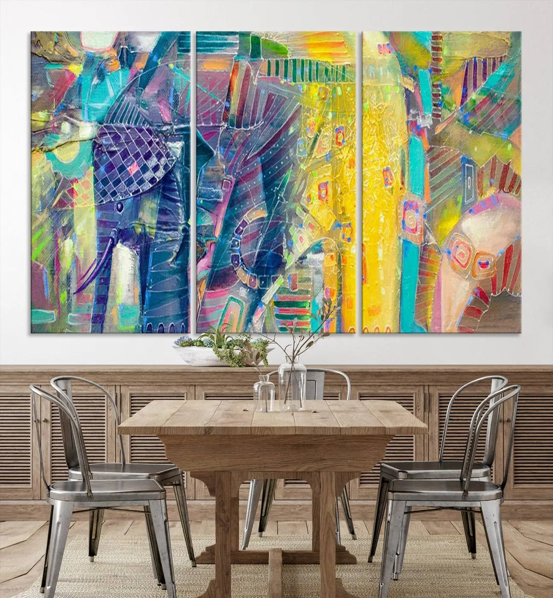 The vibrant Abstract Elephant Wall Art canvas print, featuring a gallery-wrapped finish, is crafted on museum-quality canvas with a UV-protective coating to ensure lasting vibrancy.