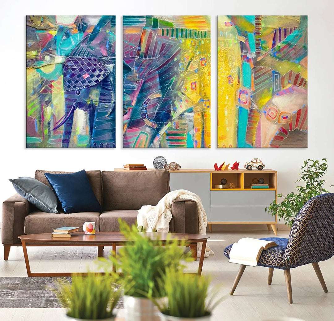 The vibrant Abstract Elephant Wall Art canvas print, featuring a gallery-wrapped finish, is crafted on museum-quality canvas with a UV-protective coating to ensure lasting vibrancy.