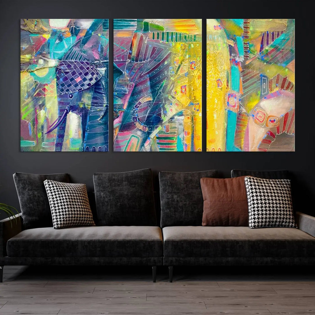 The vibrant Abstract Elephant Wall Art canvas print, featuring a gallery-wrapped finish, is crafted on museum-quality canvas with a UV-protective coating to ensure lasting vibrancy.