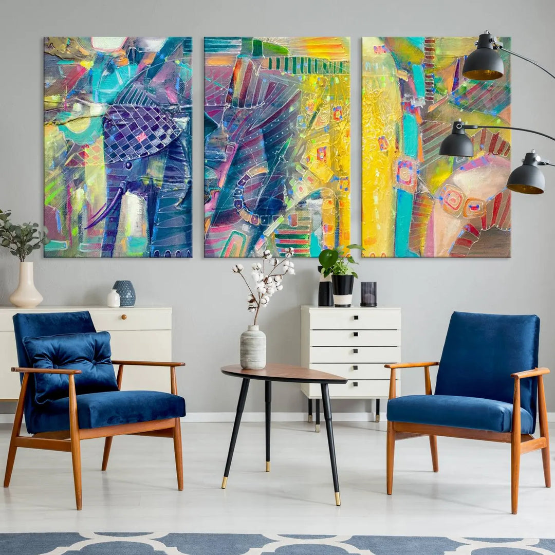 The vibrant Abstract Elephant Wall Art canvas print, featuring a gallery-wrapped finish, is crafted on museum-quality canvas with a UV-protective coating to ensure lasting vibrancy.