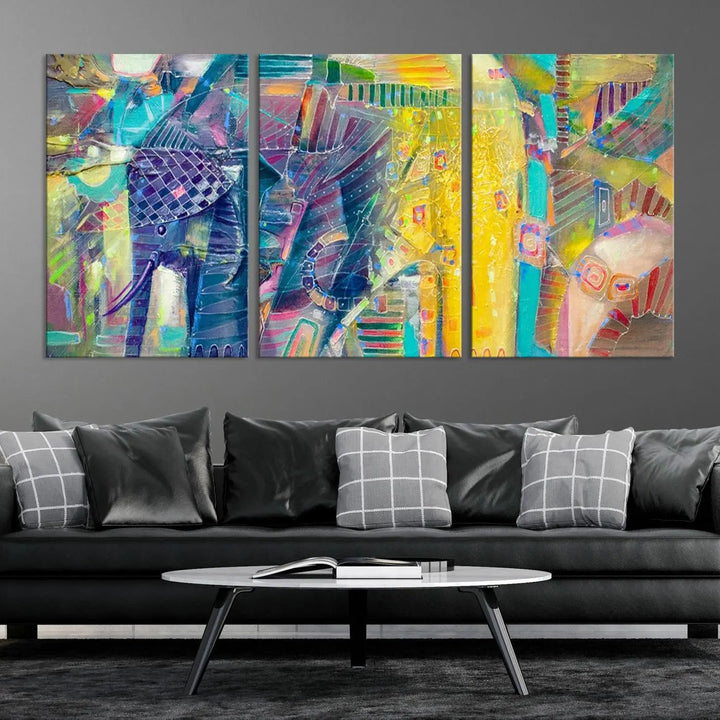 The vibrant Abstract Elephant Wall Art canvas print, featuring a gallery-wrapped finish, is crafted on museum-quality canvas with a UV-protective coating to ensure lasting vibrancy.