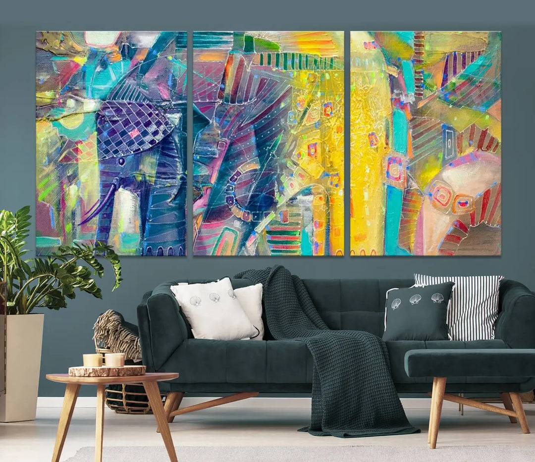 The vibrant Abstract Elephant Wall Art canvas print, featuring a gallery-wrapped finish, is crafted on museum-quality canvas with a UV-protective coating to ensure lasting vibrancy.