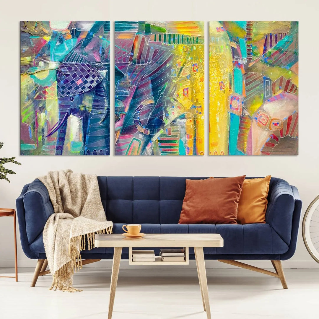 The vibrant Abstract Elephant Wall Art canvas print, featuring a gallery-wrapped finish, is crafted on museum-quality canvas with a UV-protective coating to ensure lasting vibrancy.