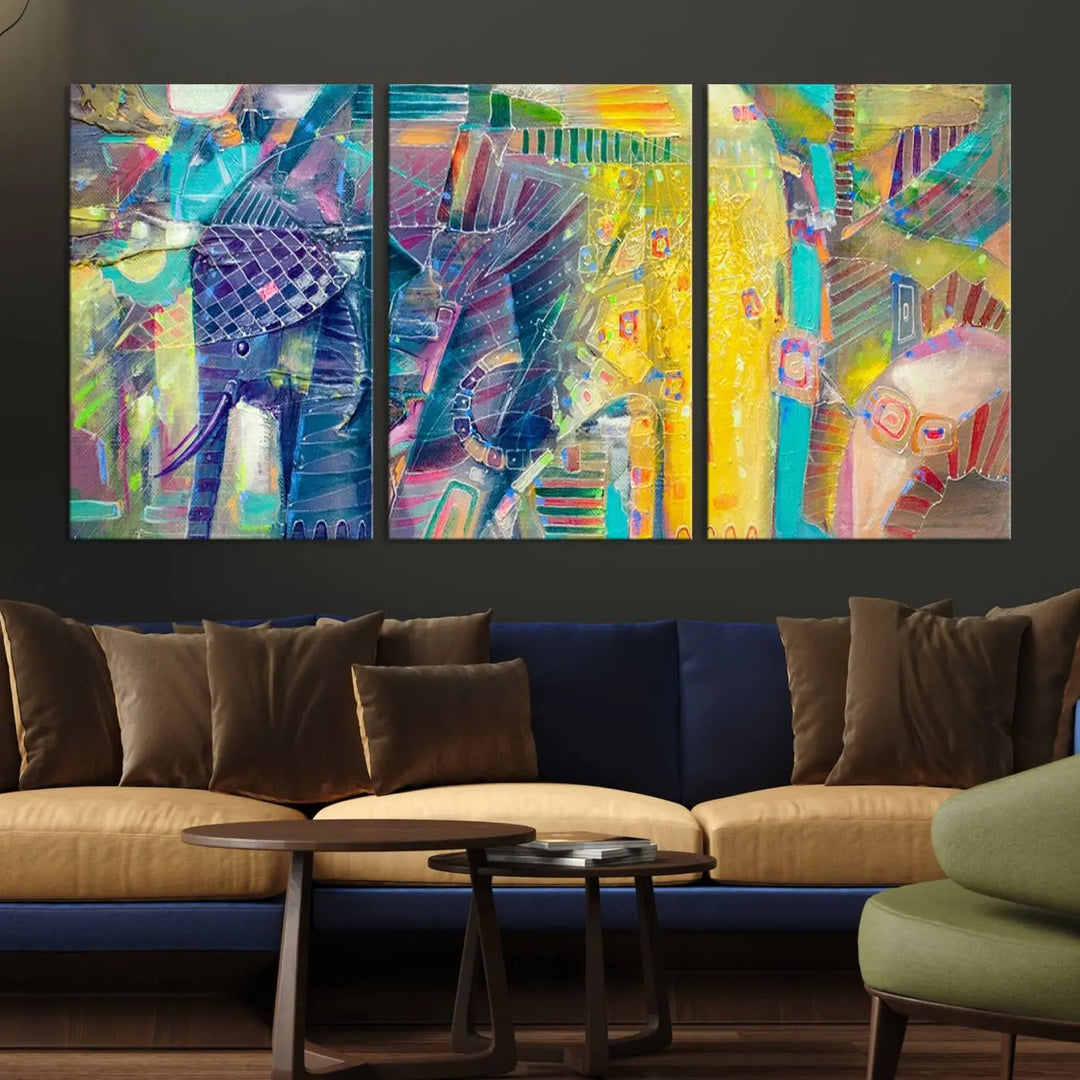 The vibrant Abstract Elephant Wall Art canvas print, featuring a gallery-wrapped finish, is crafted on museum-quality canvas with a UV-protective coating to ensure lasting vibrancy.