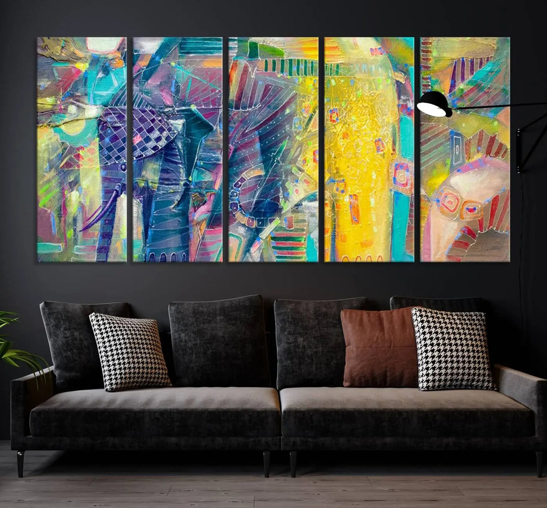 The vibrant Abstract Elephant Wall Art canvas print, featuring a gallery-wrapped finish, is crafted on museum-quality canvas with a UV-protective coating to ensure lasting vibrancy.