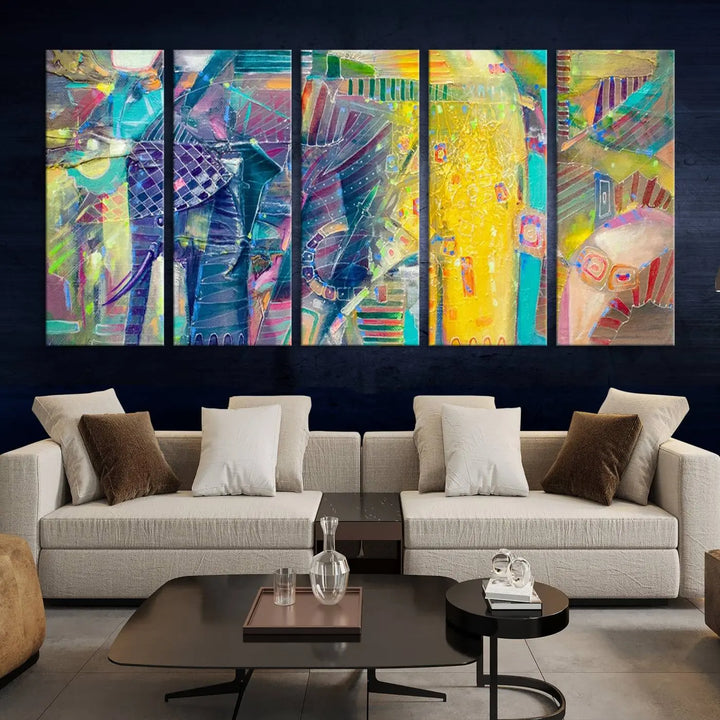 The vibrant Abstract Elephant Wall Art canvas print, featuring a gallery-wrapped finish, is crafted on museum-quality canvas with a UV-protective coating to ensure lasting vibrancy.