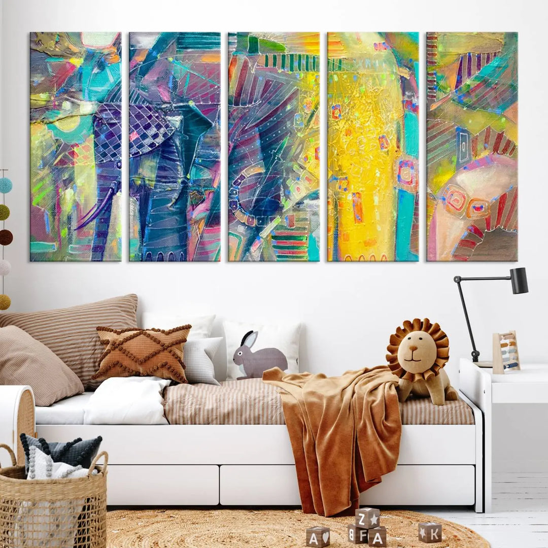 The vibrant Abstract Elephant Wall Art canvas print, featuring a gallery-wrapped finish, is crafted on museum-quality canvas with a UV-protective coating to ensure lasting vibrancy.