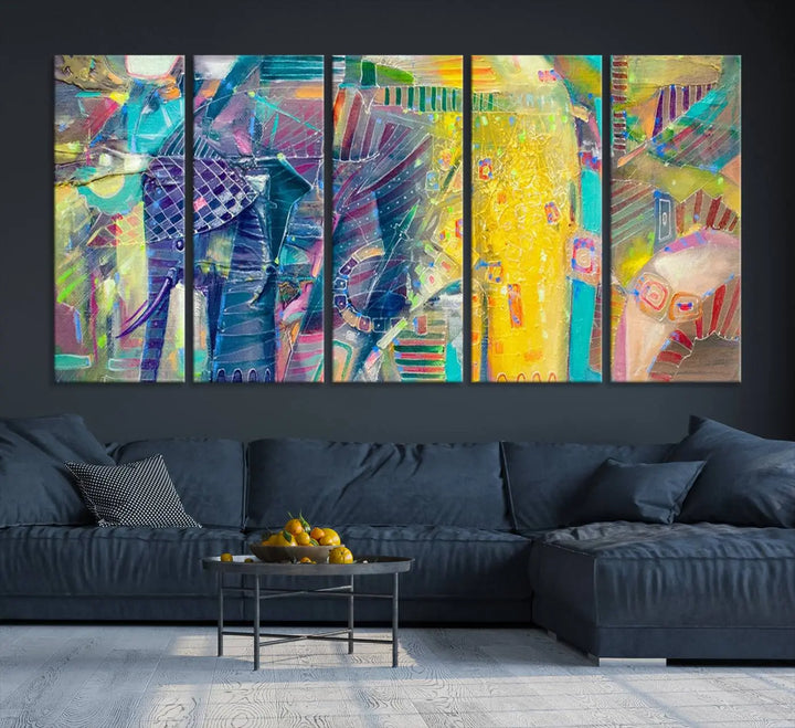 The vibrant Abstract Elephant Wall Art canvas print, featuring a gallery-wrapped finish, is crafted on museum-quality canvas with a UV-protective coating to ensure lasting vibrancy.