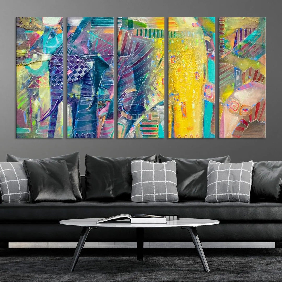 The vibrant Abstract Elephant Wall Art canvas print, featuring a gallery-wrapped finish, is crafted on museum-quality canvas with a UV-protective coating to ensure lasting vibrancy.