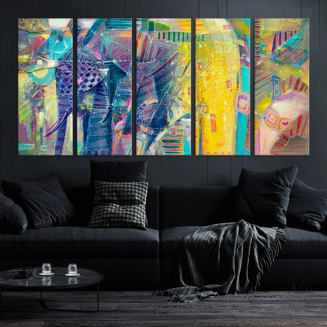 The vibrant Abstract Elephant Wall Art canvas print, featuring a gallery-wrapped finish, is crafted on museum-quality canvas with a UV-protective coating to ensure lasting vibrancy.