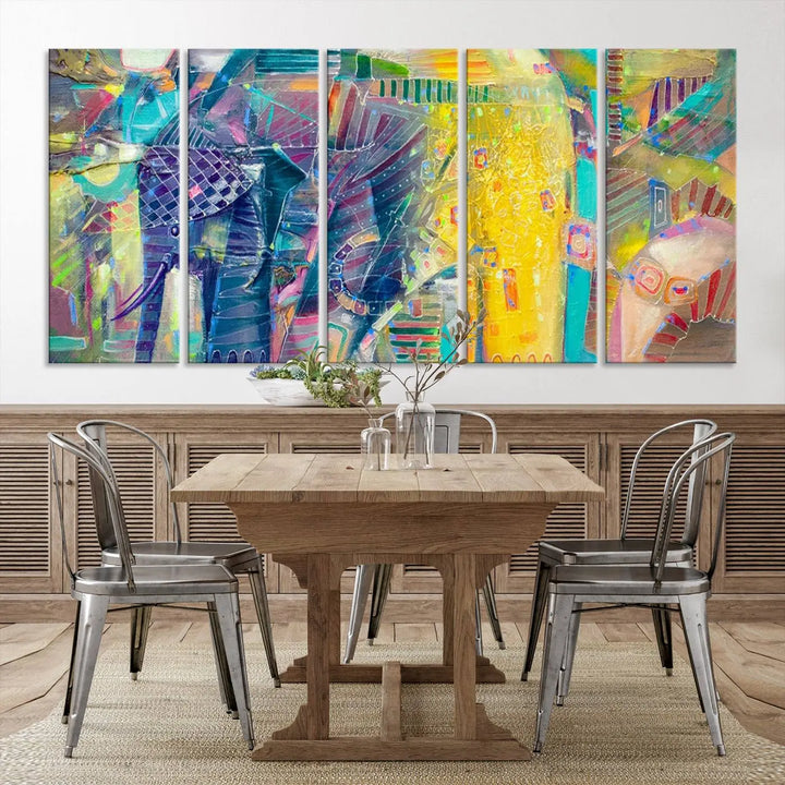 The vibrant Abstract Elephant Wall Art canvas print, featuring a gallery-wrapped finish, is crafted on museum-quality canvas with a UV-protective coating to ensure lasting vibrancy.