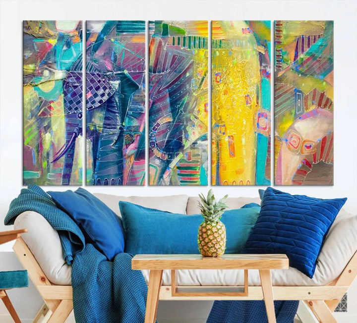 The vibrant Abstract Elephant Wall Art canvas print, featuring a gallery-wrapped finish, is crafted on museum-quality canvas with a UV-protective coating to ensure lasting vibrancy.