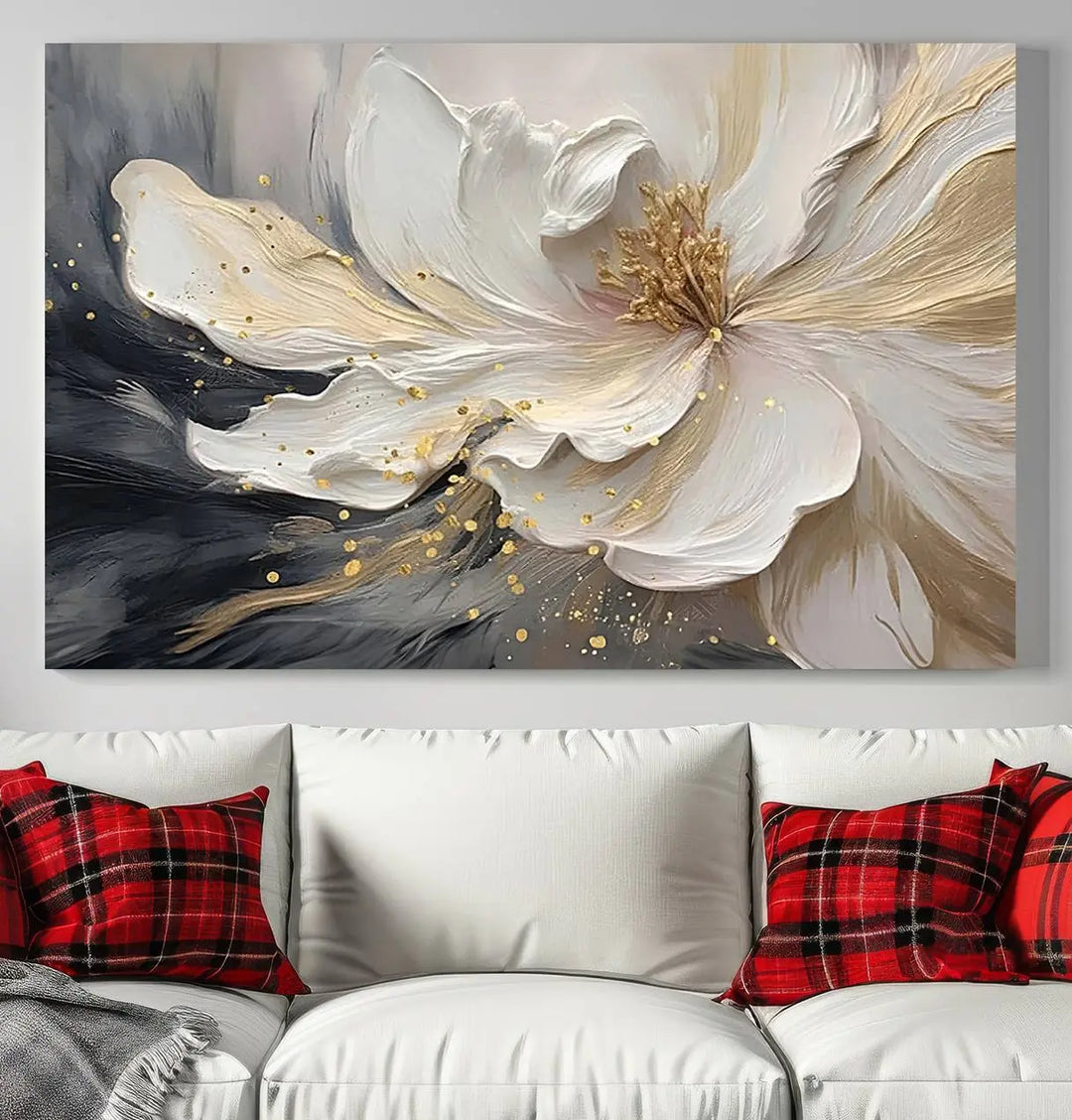 The "Abstract Floral Wall Art Canvas Print," featuring a white and gold floral motif, elegantly decorates the wall.