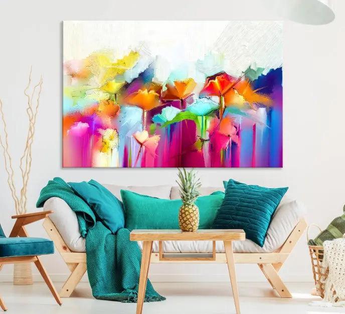 The space is beautifully adorned with the "Abstract Flower" triptych, gallery-wrapped on museum-quality polycotton canvas, creating a cozy setting.