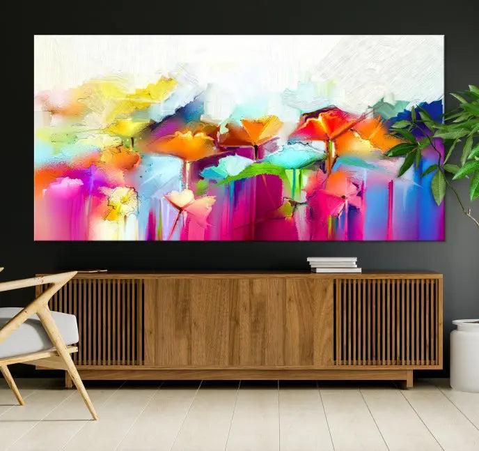 The space is beautifully adorned with the "Abstract Flower" triptych, gallery-wrapped on museum-quality polycotton canvas, creating a cozy setting.