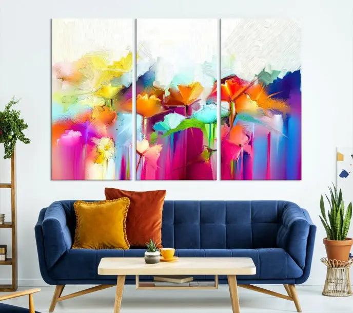 The space is beautifully adorned with the "Abstract Flower" triptych, gallery-wrapped on museum-quality polycotton canvas, creating a cozy setting.