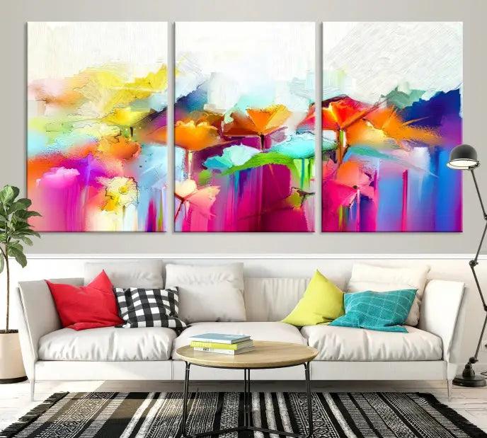 The space is beautifully adorned with the "Abstract Flower" triptych, gallery-wrapped on museum-quality polycotton canvas, creating a cozy setting.